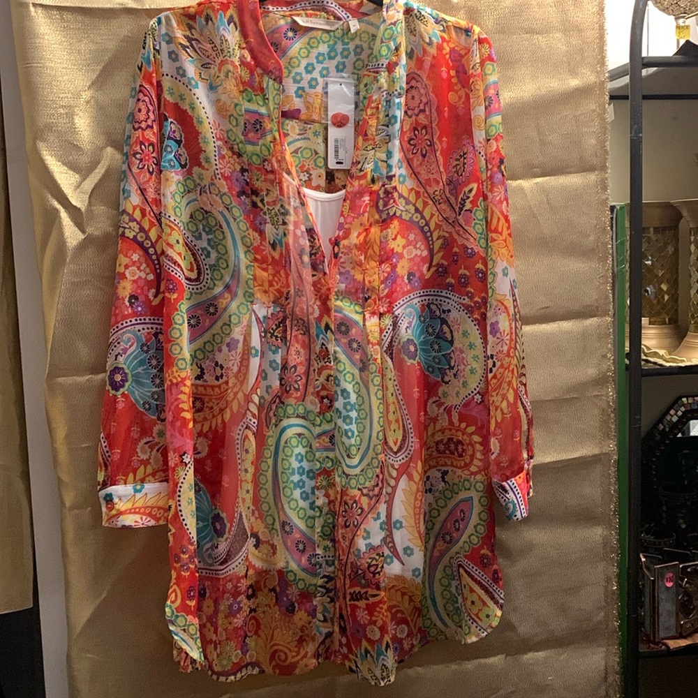 Floral, long button down top with cami